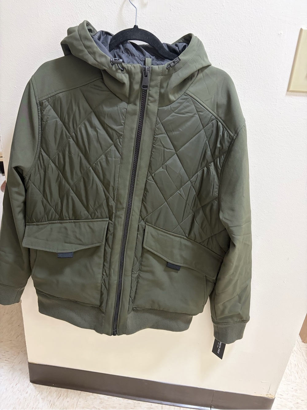 Kenneth Cole Mens Olive Quilted Hooded Puffer Jacket